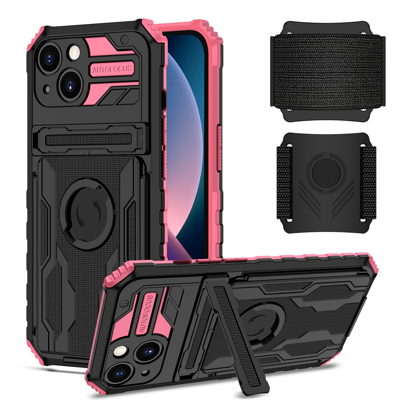 High Elastic Plastic iPhone 13 Case with Kickstand, Sports Mobile Wristband and Card Slot In Pink